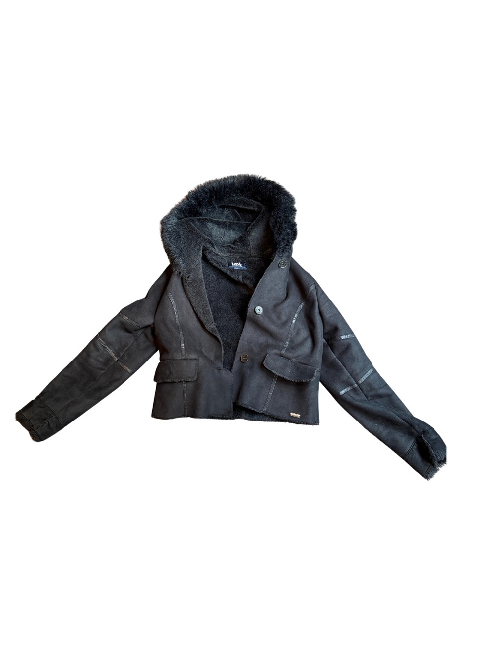 lei Black Faux Shearling Hooded Cropped Jacket